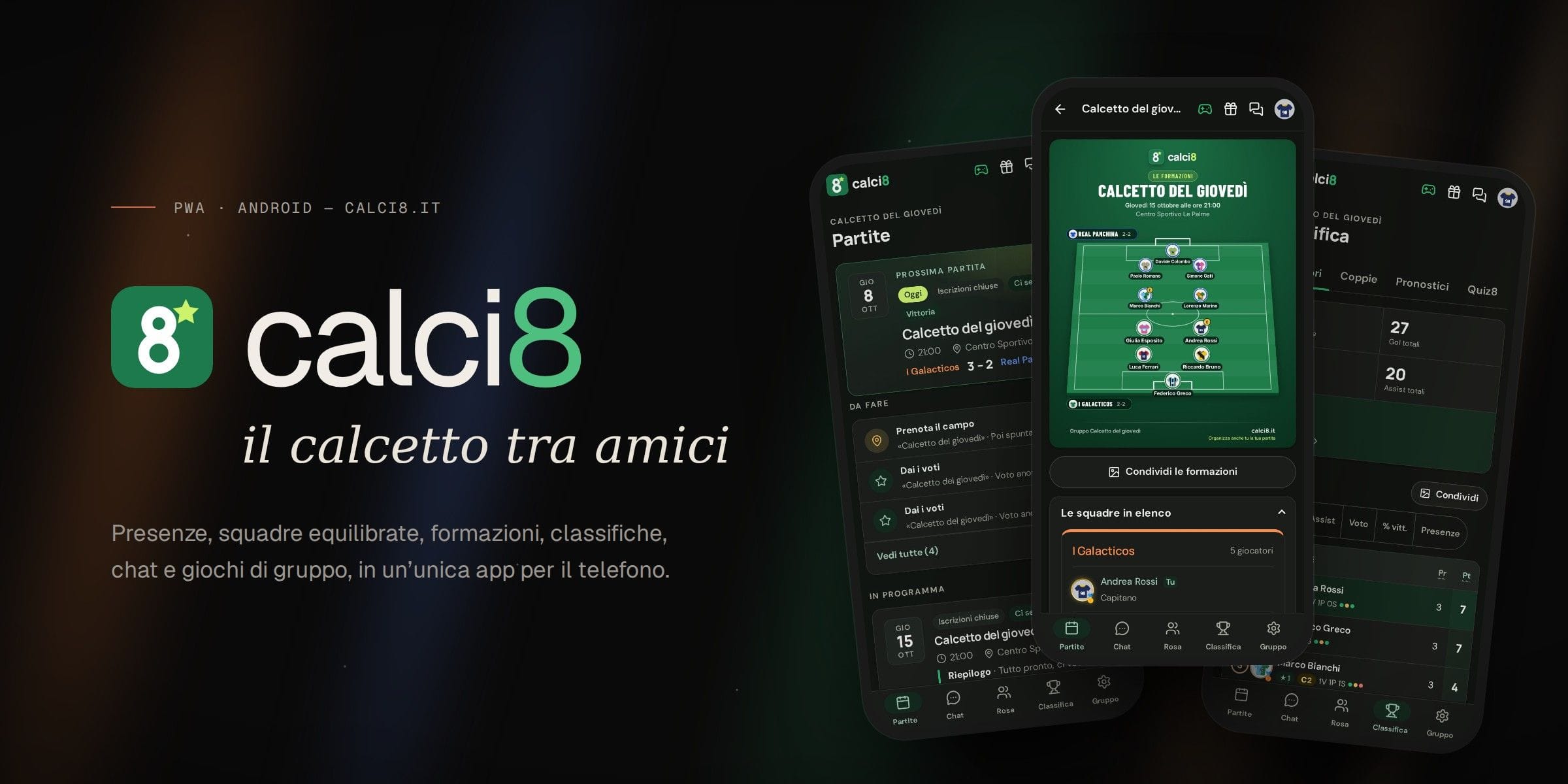 The Calci8 logo next to three phones showing the Matches, Teams and Ranking screens.